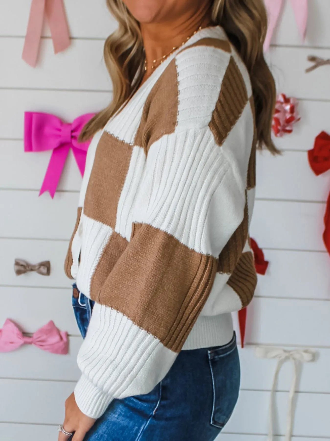 Women Color Block Knit Button-Up Cardigan Sweaters