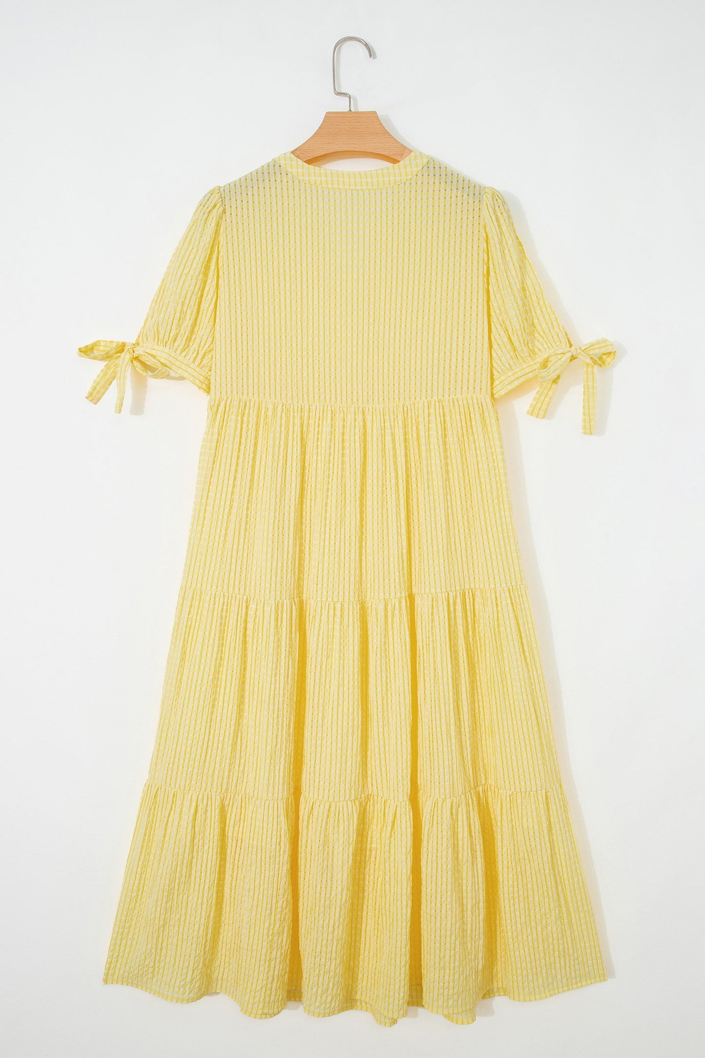 Gingham Textured Bow Tie Tiered Midi Dress