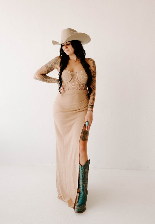 Natalia's Nude Rhinestone Slit Dress