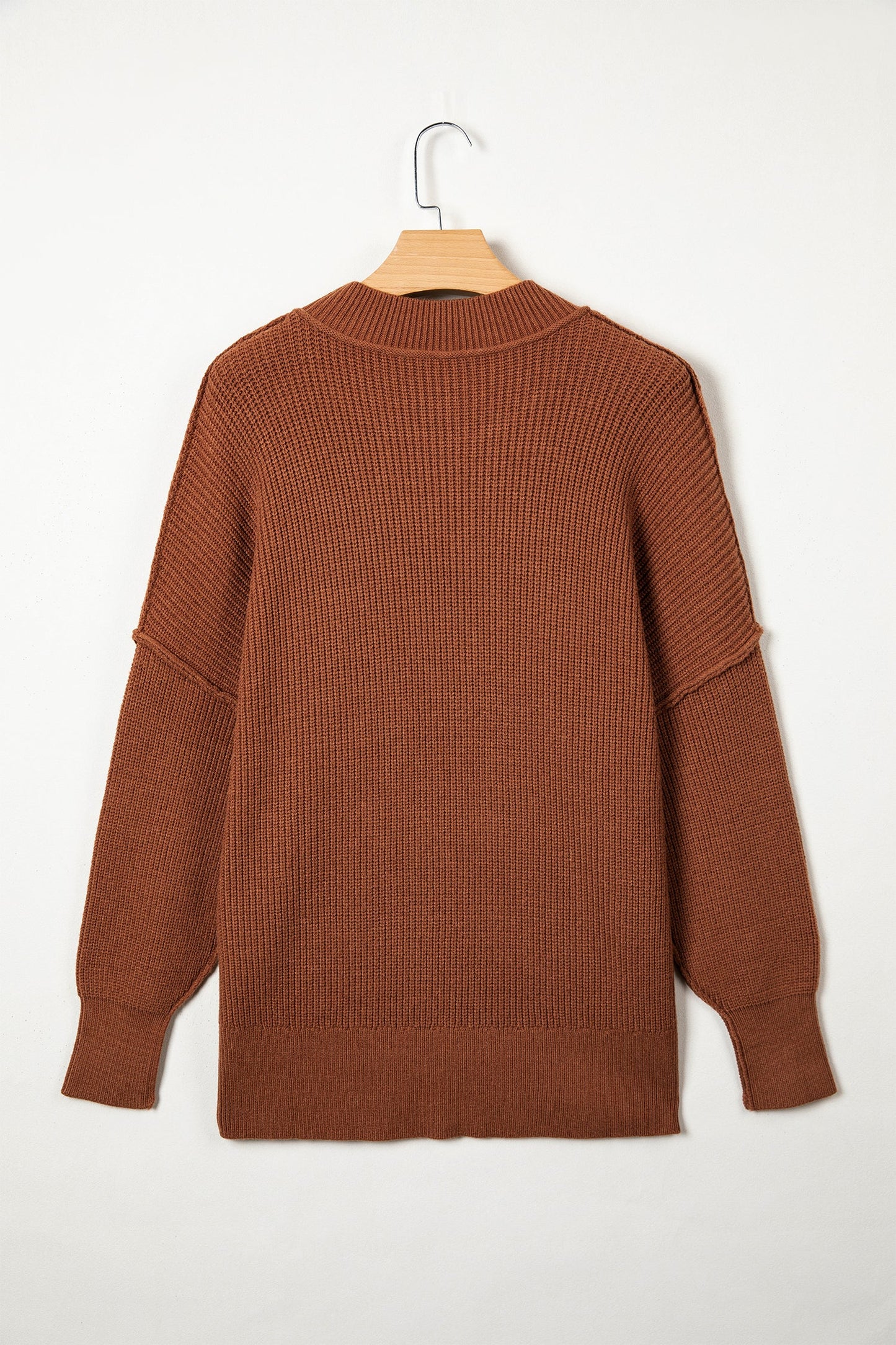 Exposed Hem Drop Shoulder Ribbed Knit Sweater