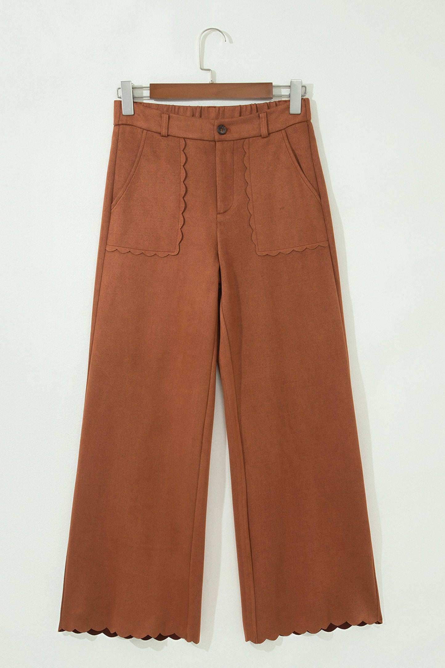 Solid Scalloped Edge Pocketed High Waist Pants