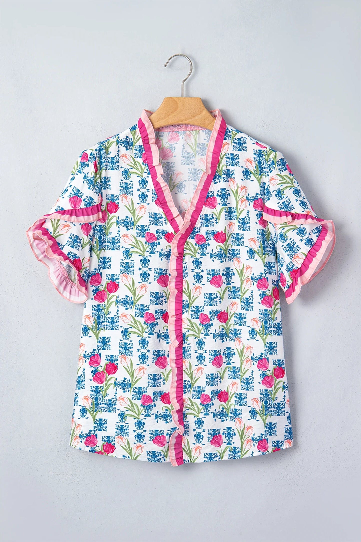 Floral Ruffle V-Neck Short Sleeve Tunic Shirt