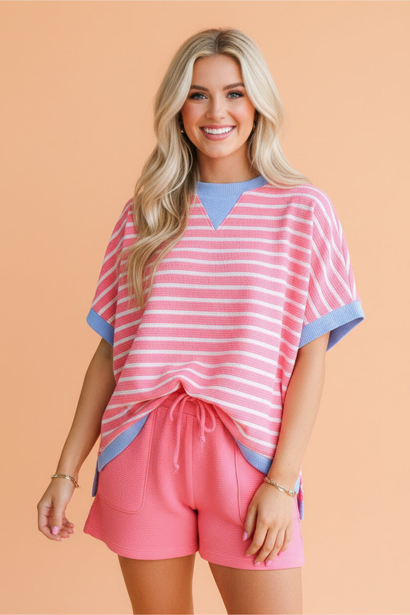 Stripe Contrast Trim Short Sleeve Top