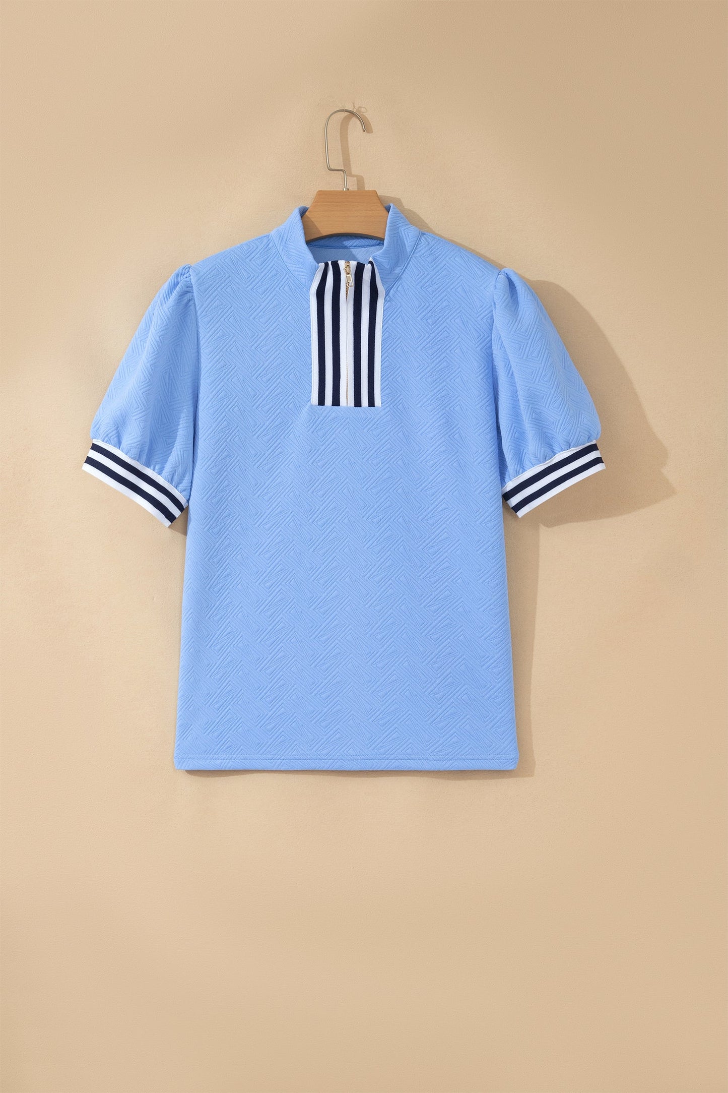 Stripe Trim Split Neck Puff Sleeve Textured Top