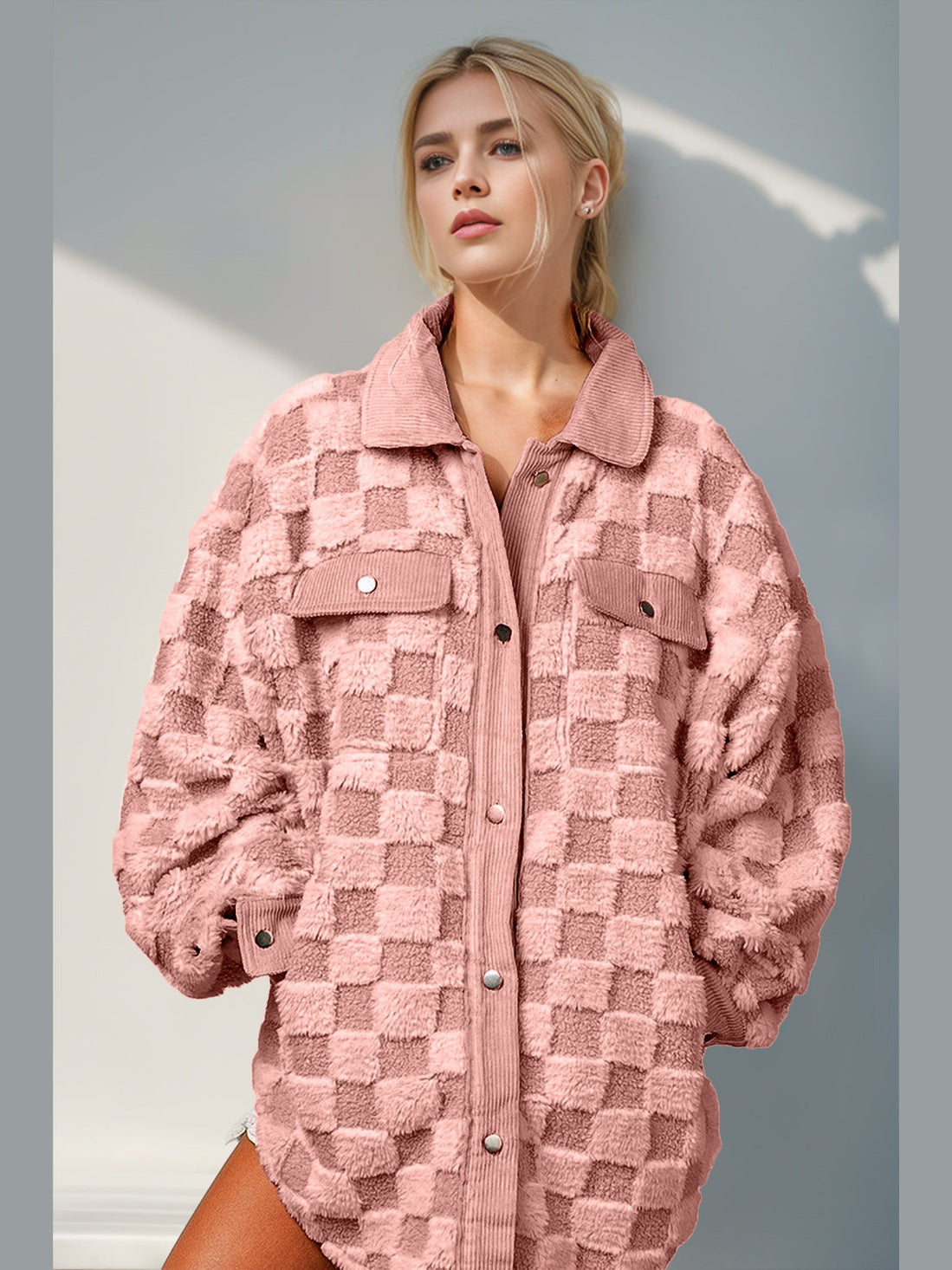 Women Women Double Take Button Up Fuzzy Checkered Shacket