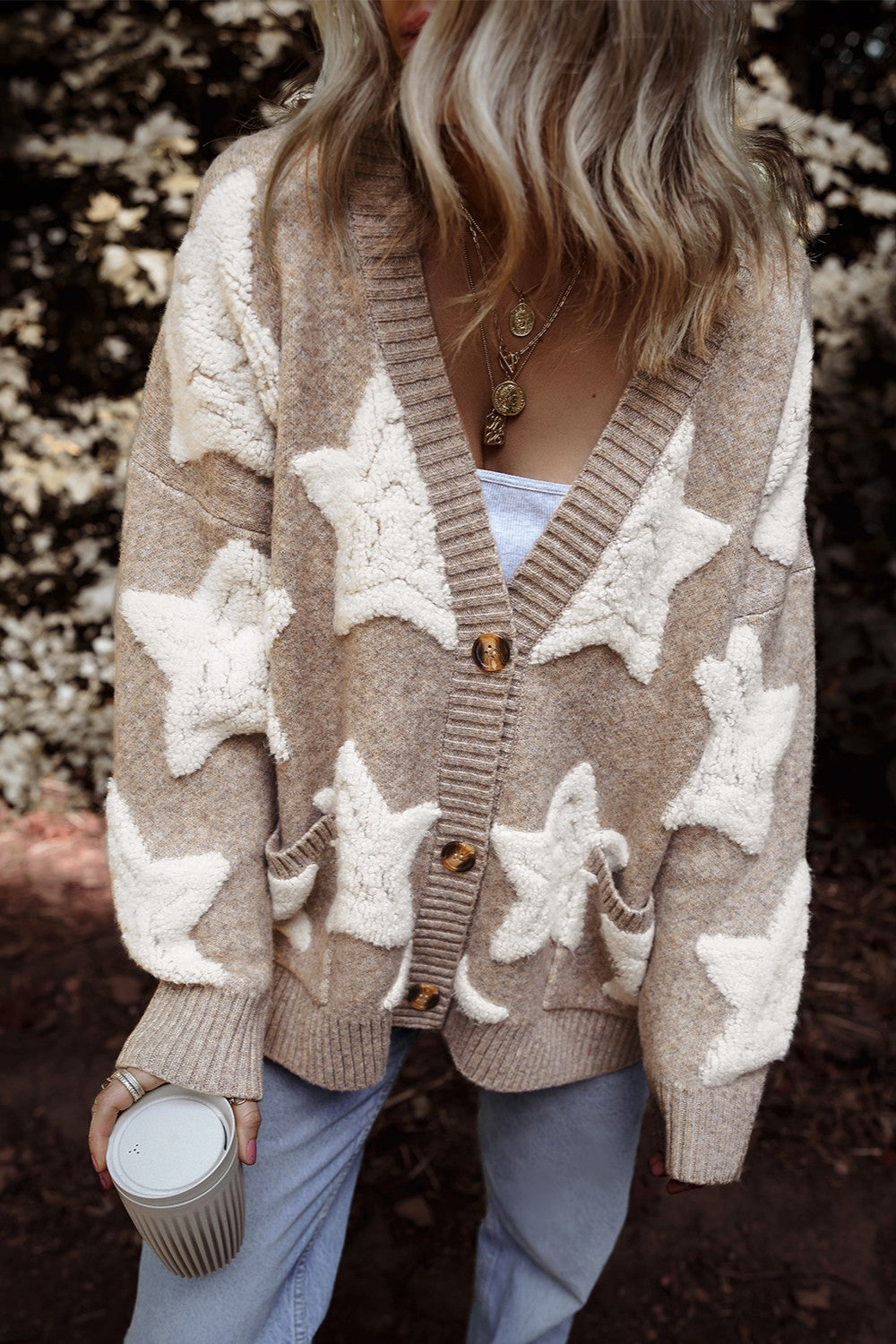 Women Star Button Up Long Sleeve Cardigan