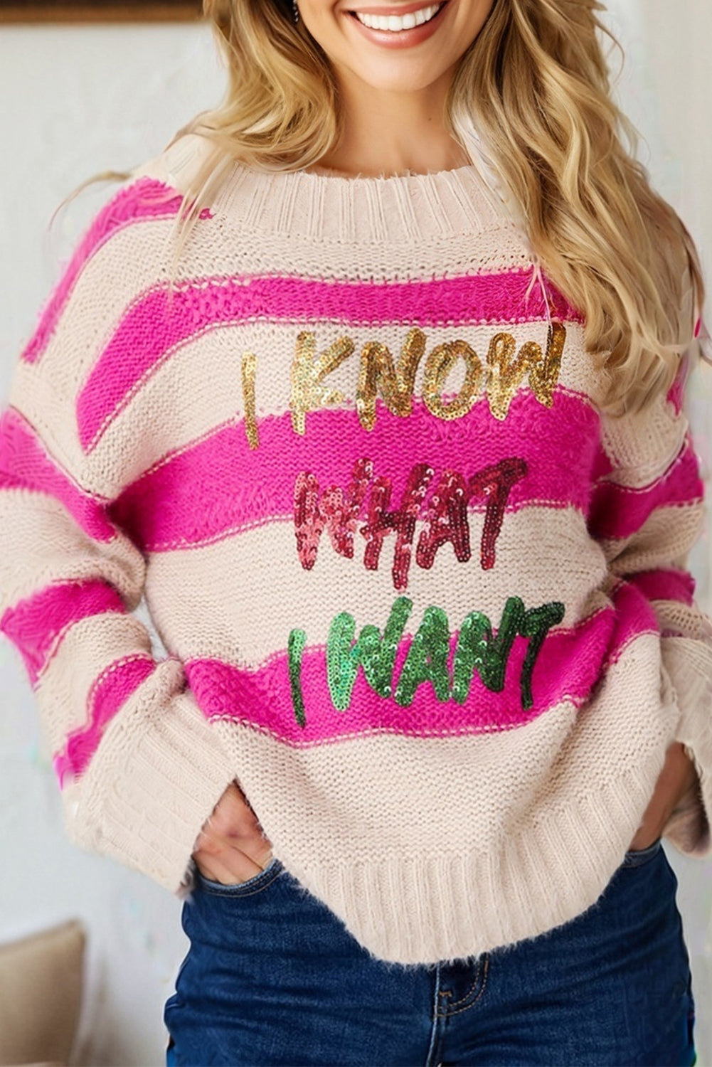 I KNOW WHAT I WANT Sequin Colorblock Stripe Sweater