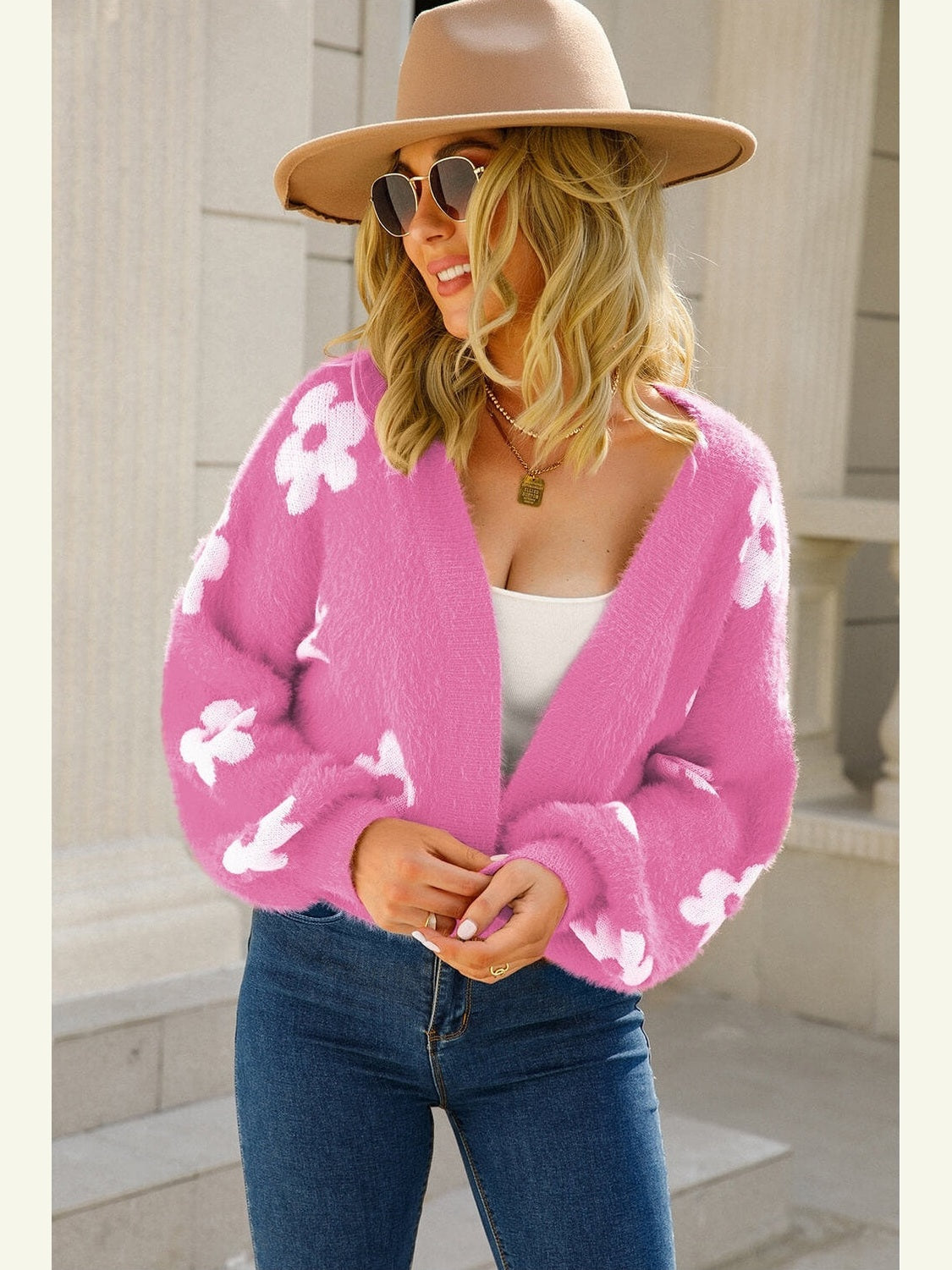 Women Floral Open Front Fuzzy Cardigan Sweater