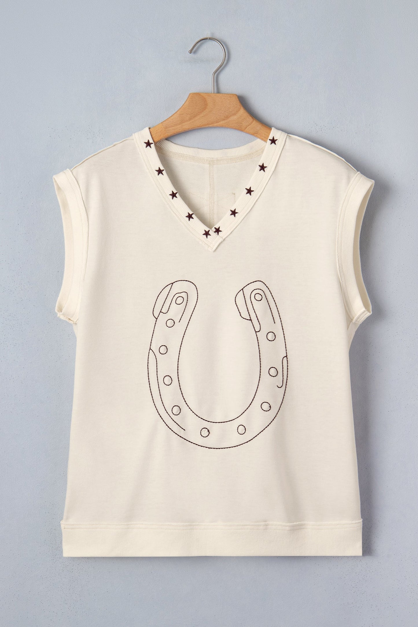 Embroidered Horseshoe Star Trim V-Neck Tank Top