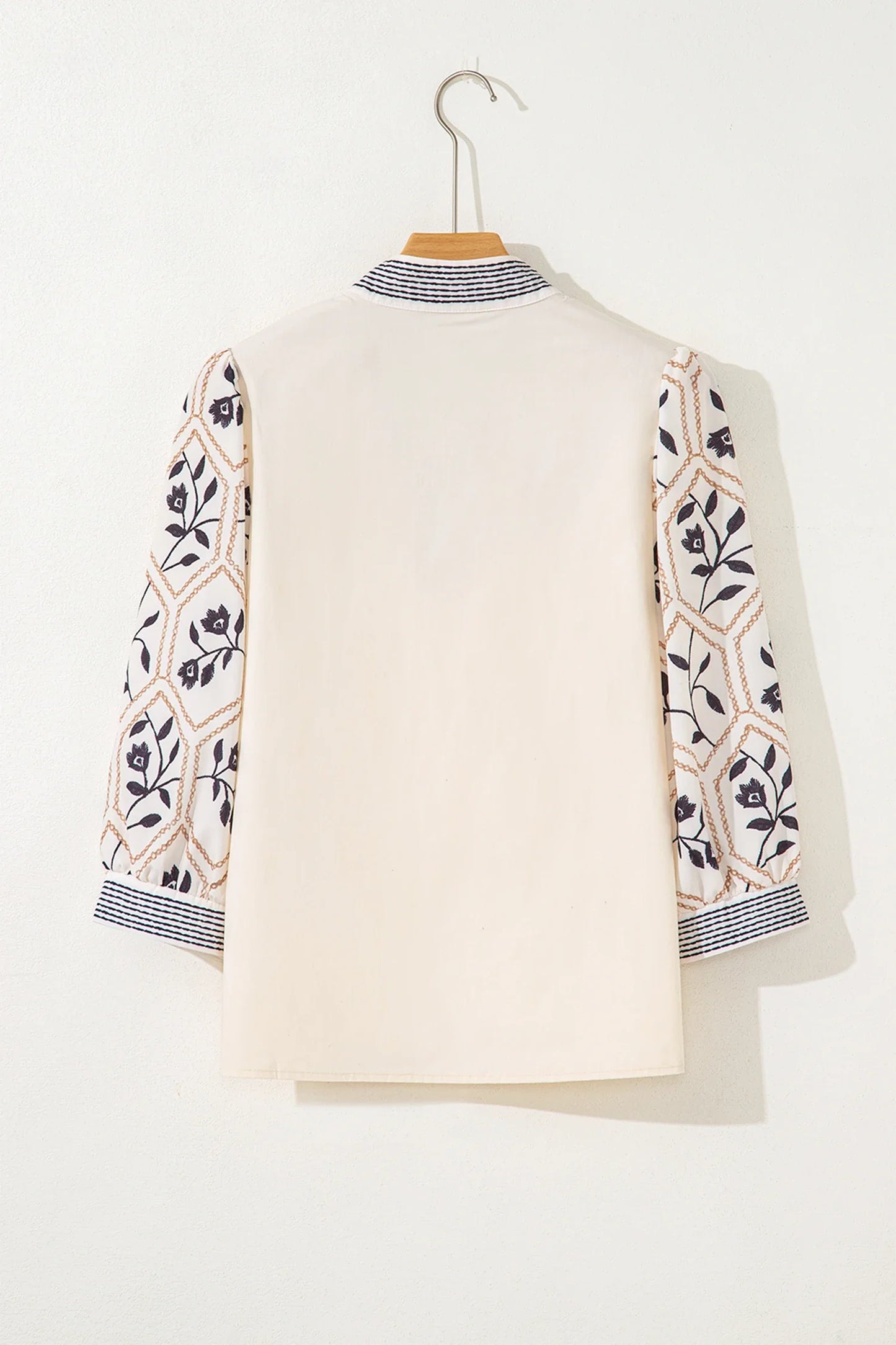 Floral Patchwork Contrast V-Neck Puff Sleeve Blouse