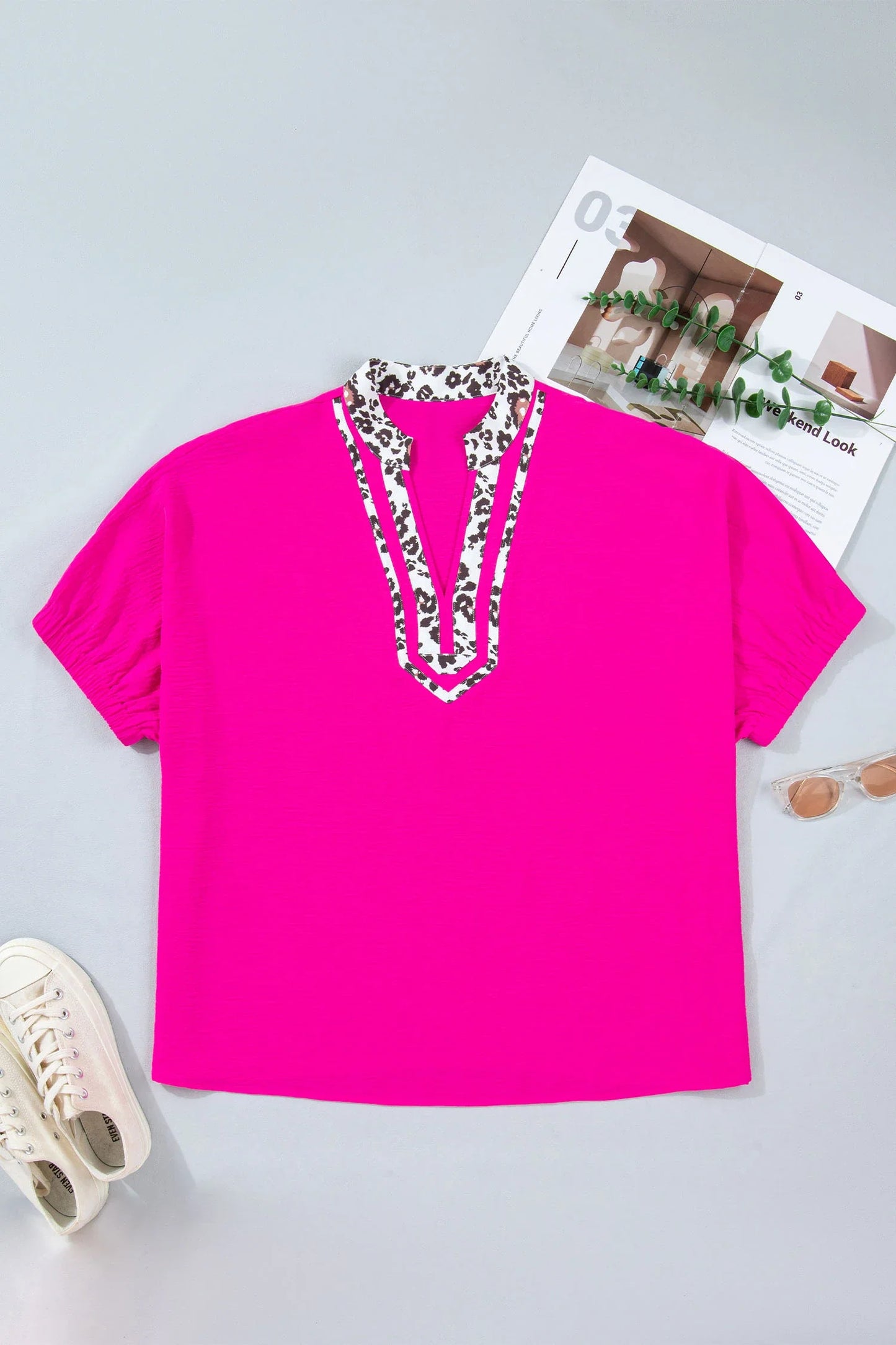 Plus Size Leopard Patchwork V-Neck Short Sleeve Top