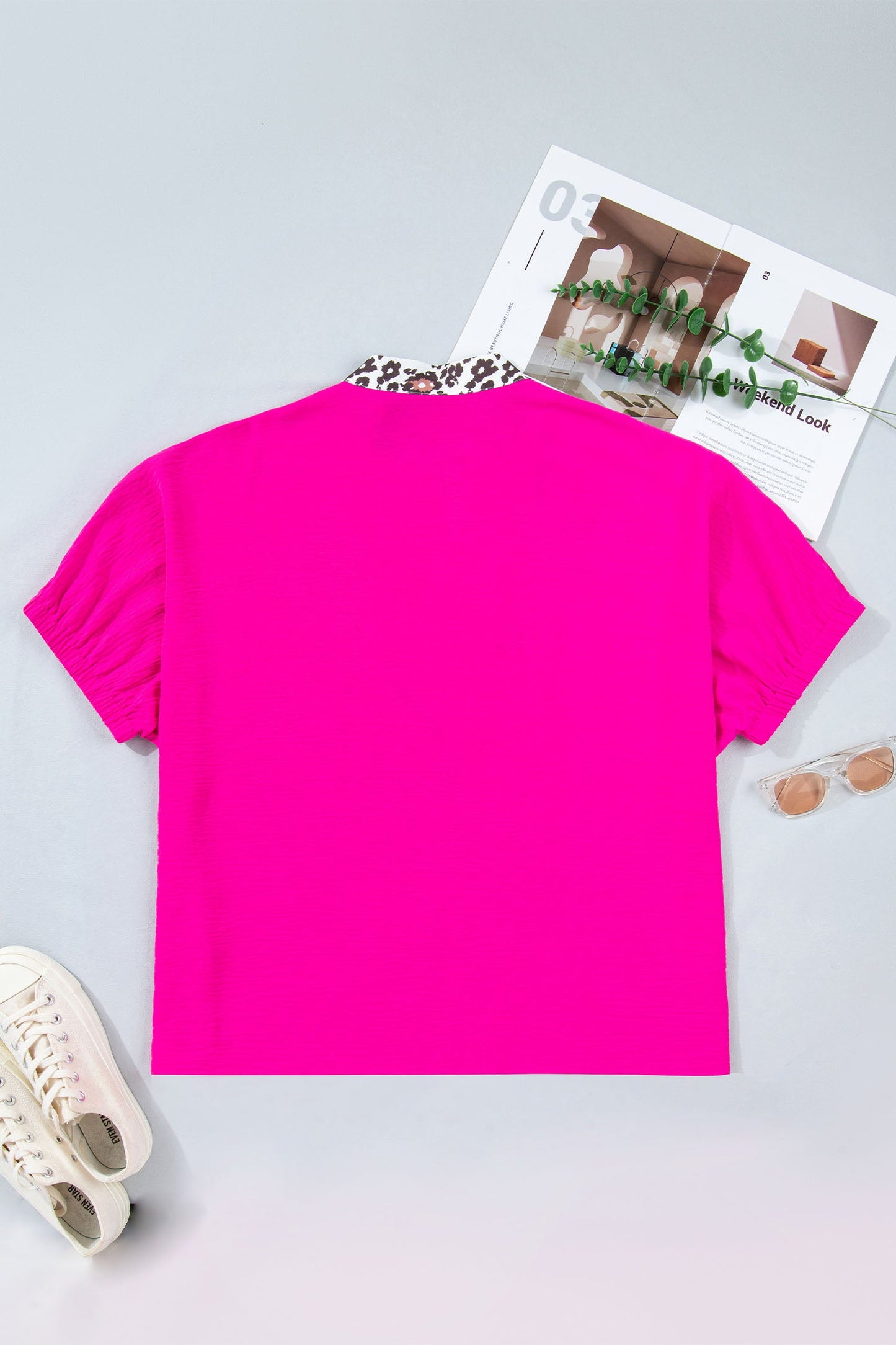 Plus Size Leopard Patchwork V-Neck Short Sleeve Top