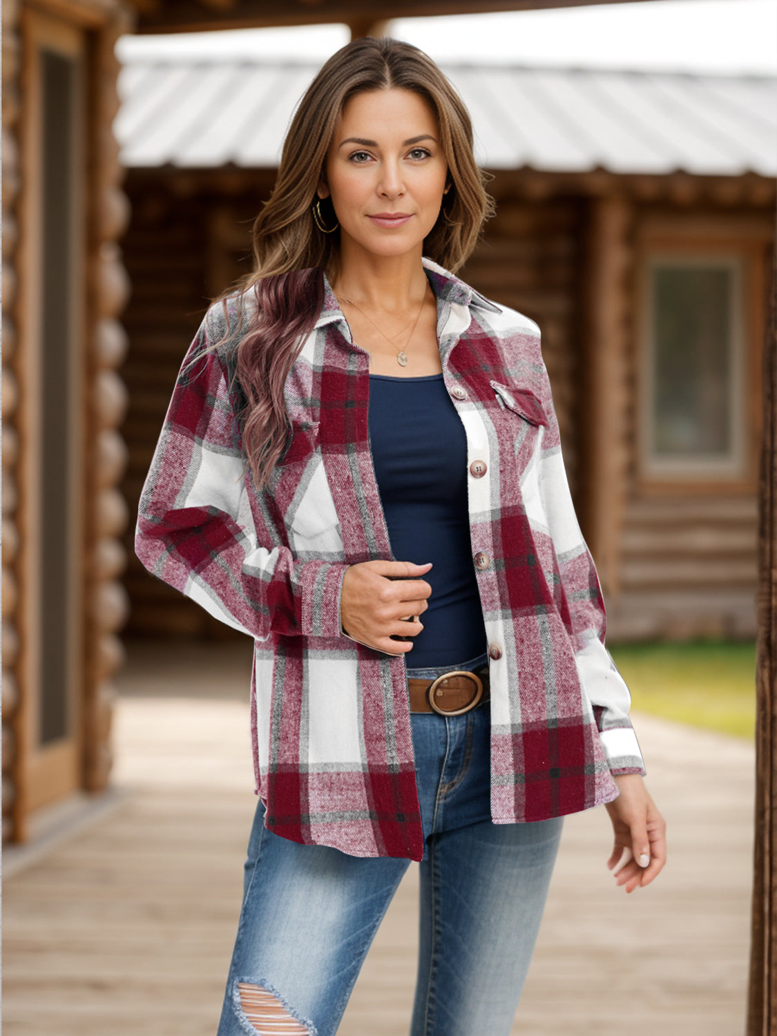 Women Full Size Pocketed Plaid Collared Neck Shacket