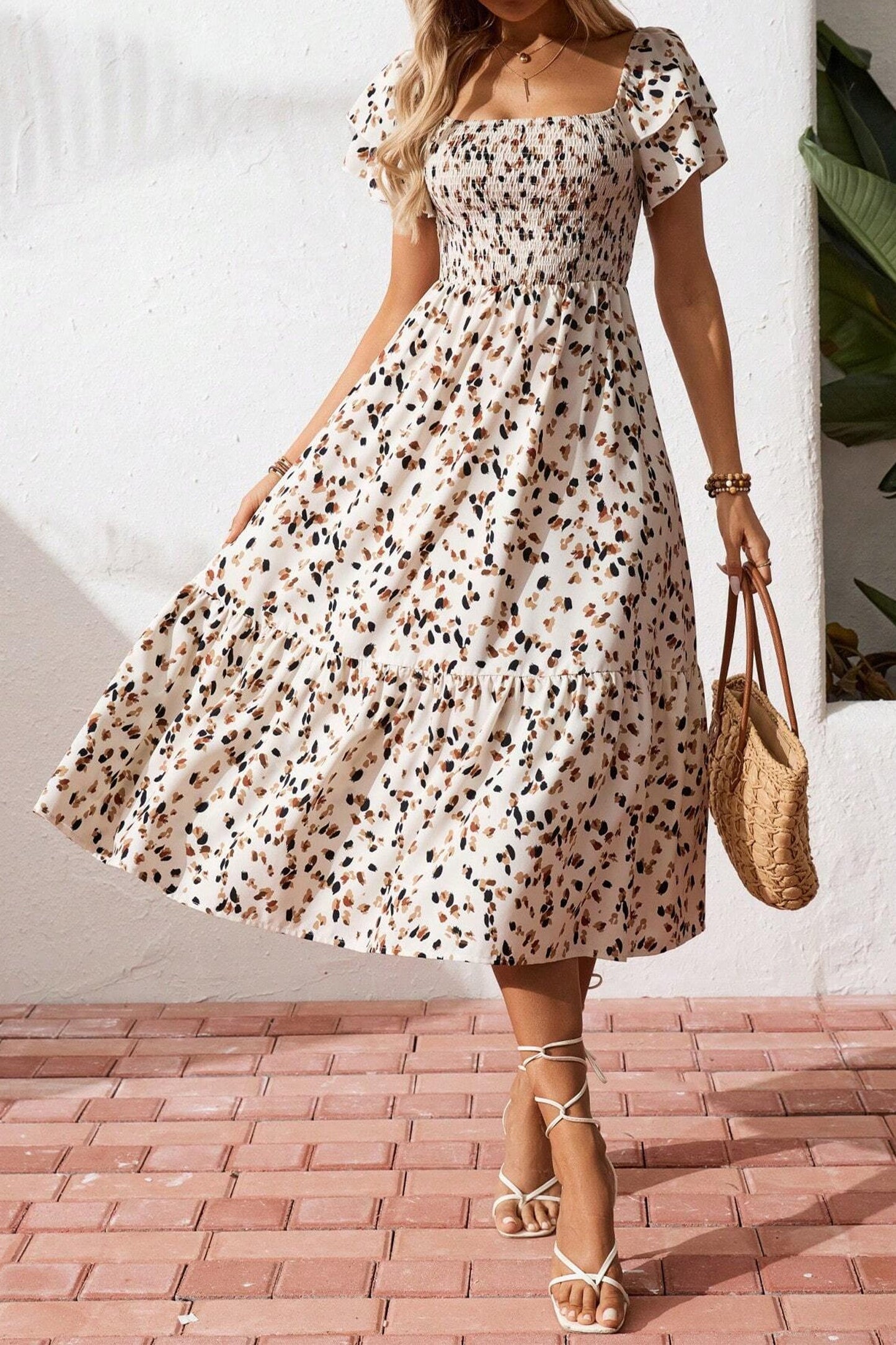 Leopard Smocked Square Neck Ruffle Sleeve Dress