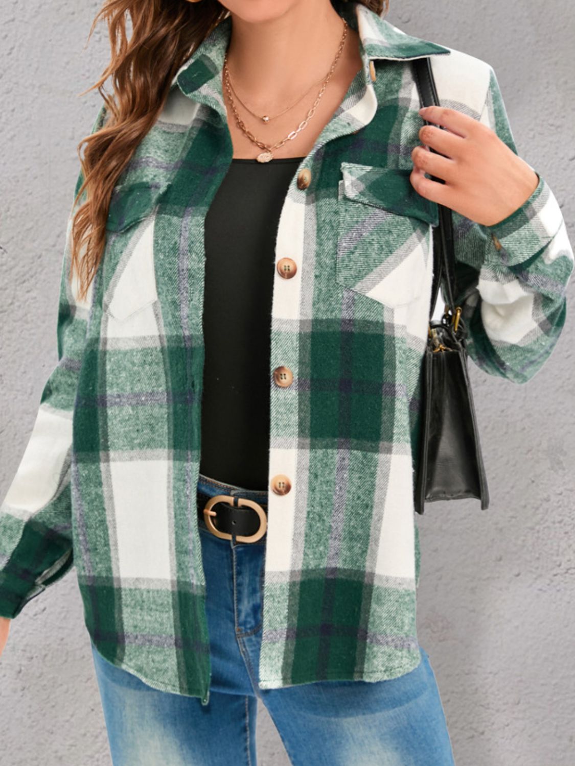 Women Full Size Pocketed Plaid Collared Neck Shacket