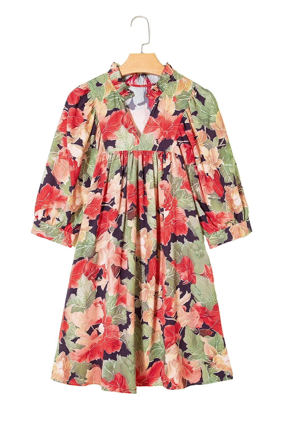 Floral Frilled Collar V-Neck 3/4 Sleeve Dress