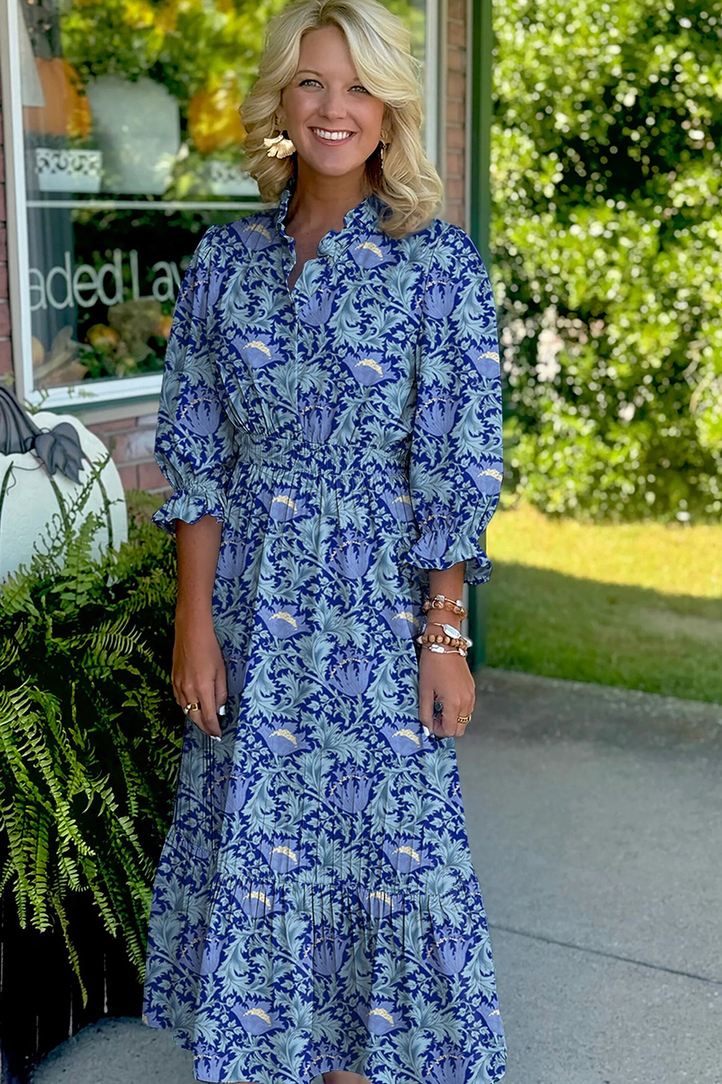 Floral Frilled V-Neck 3/4 Sleeve Midi Dress