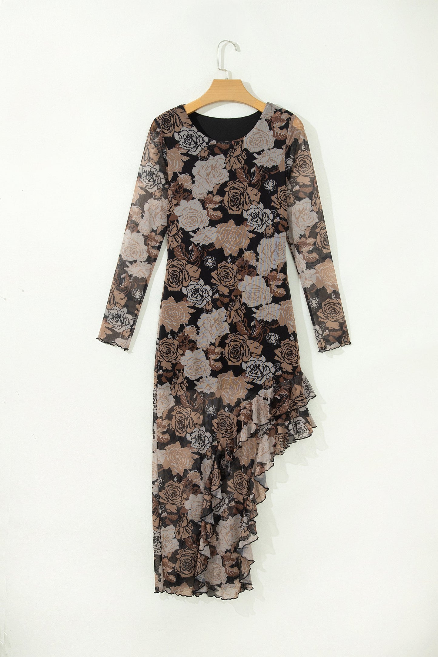 Floral Long Sleeve Asymmetric Ruffle Split Hem Mesh Dress