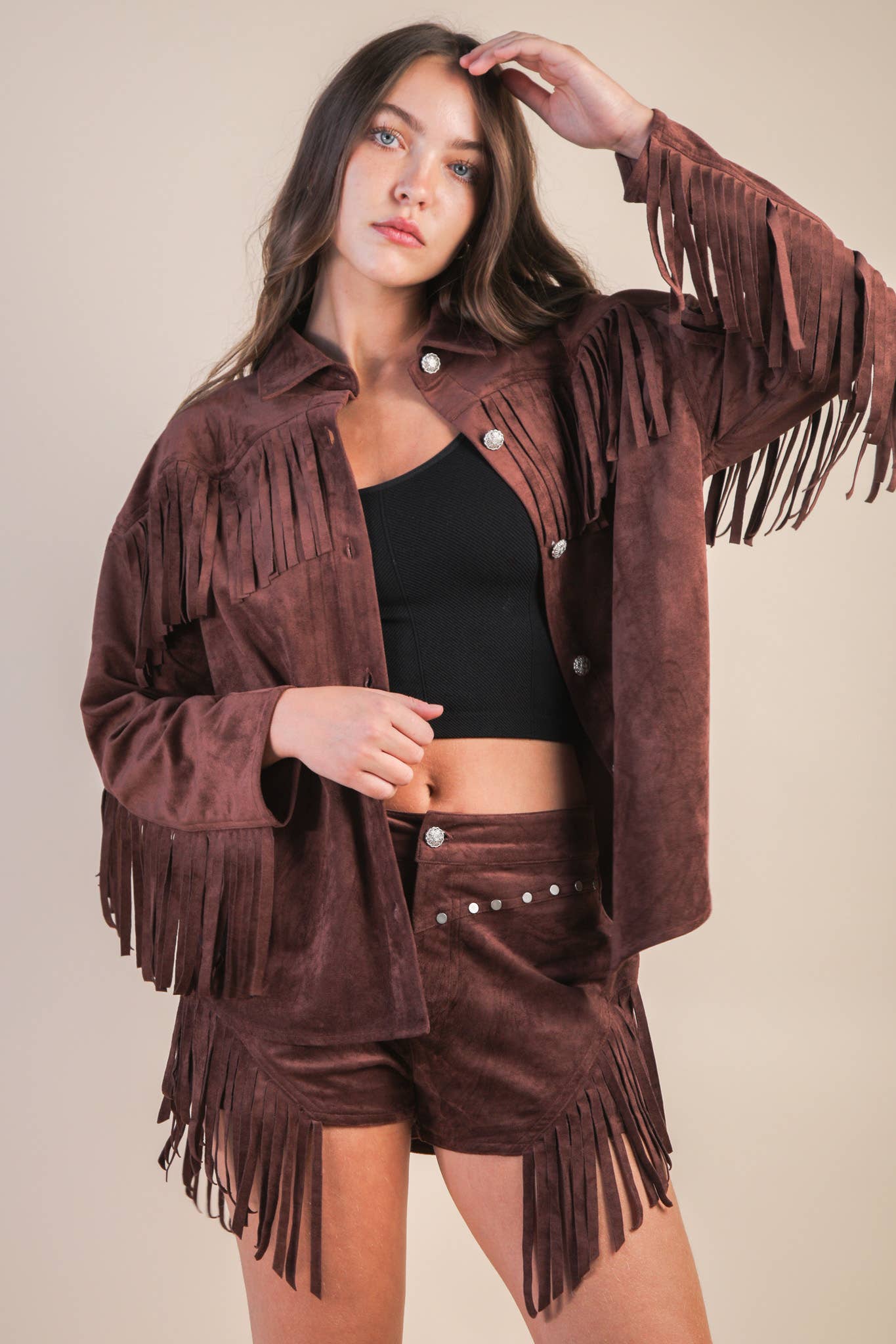Suede Fringe Detail Western Jacket Shacket
