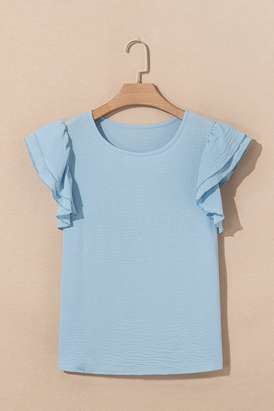 Solid Ruffle Short Sleeve Blouse