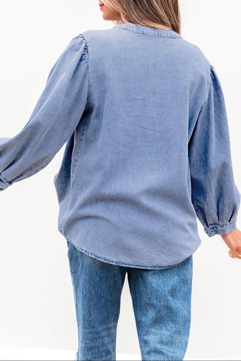 Denim Pleated Bow Tie Top