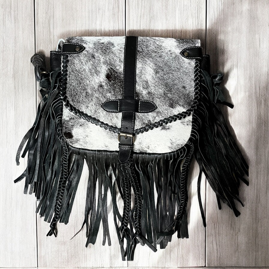 Black cowhide fringe crossbody bag