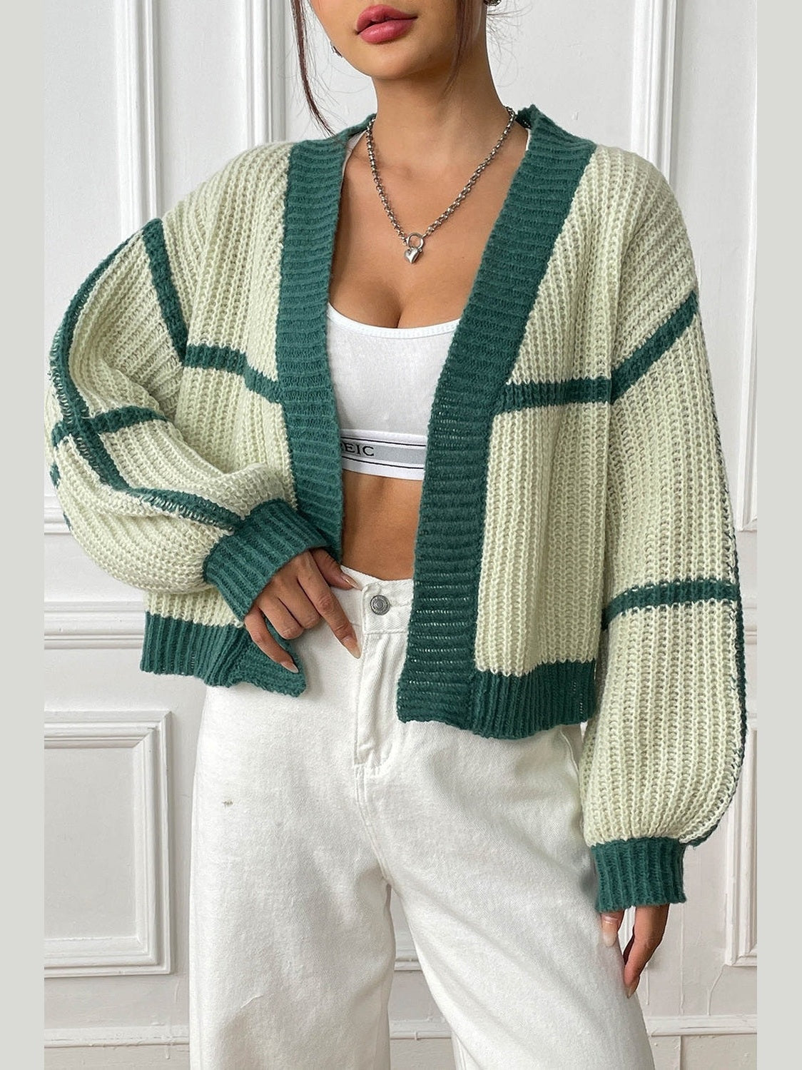 Women Contrast Open Front Long Sleeve Cardigan