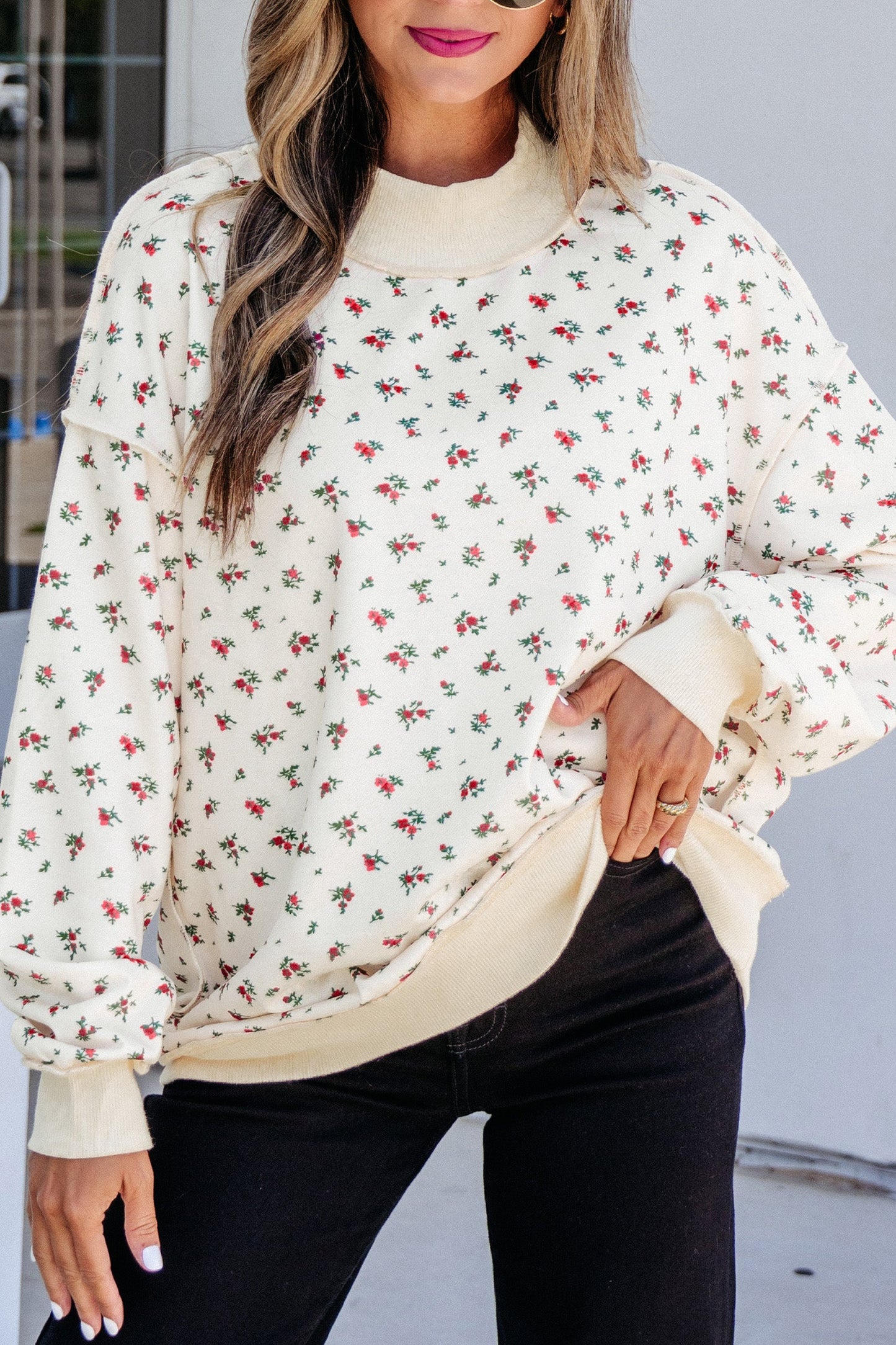 Floral Ribbed High Neck Exposed Hem Baggy Sweatshirt