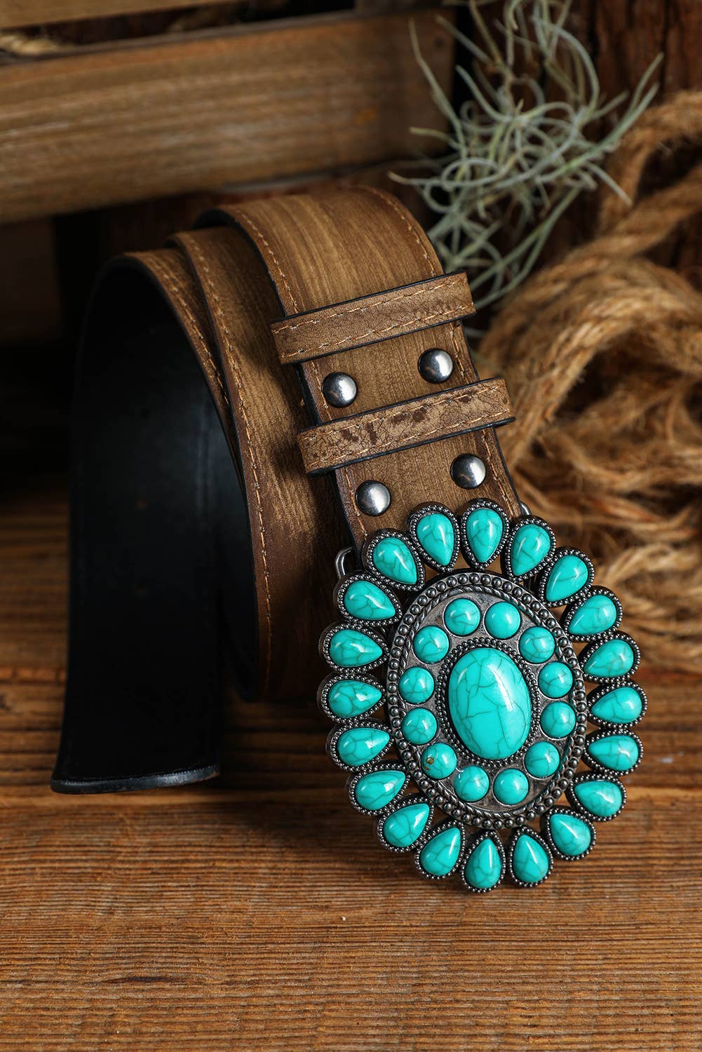 Vintage Western Turquoise Buckle Belt – Wide PU Leather Statement Accessory