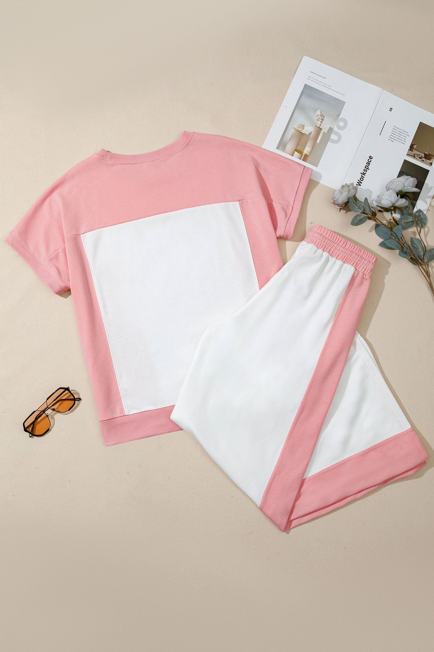 Colorblock Patchwork Tee & Drawstring Pant Set