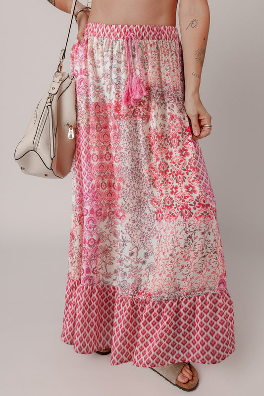 Boho Tassel Drawstring Elastic Waist Maxi Skirt