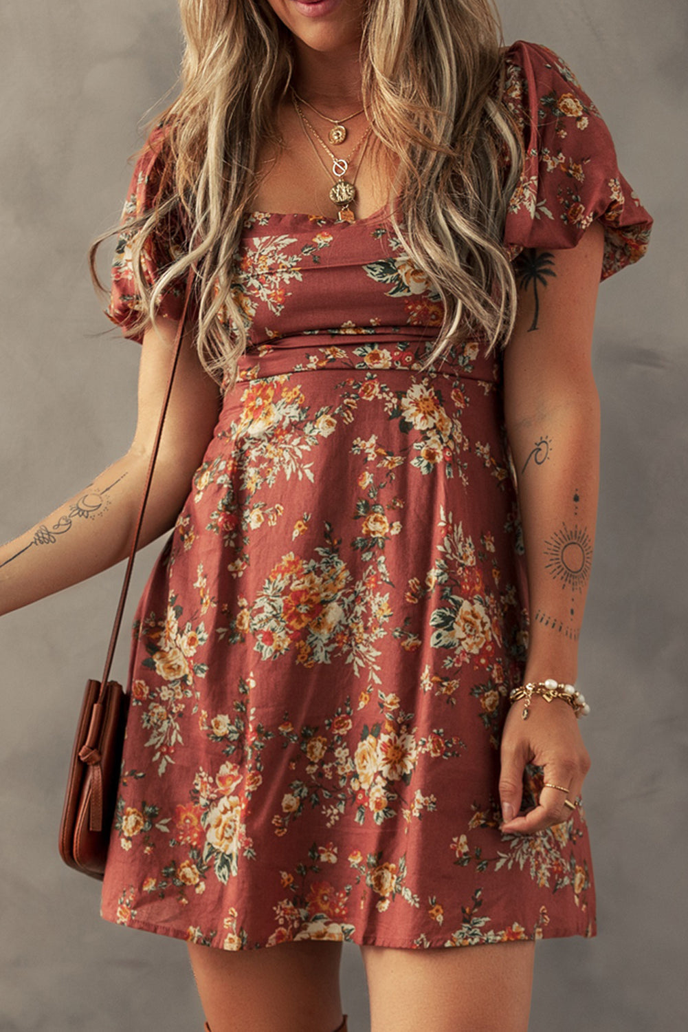 Floral Puff Sleeve Open Back Mini Dress