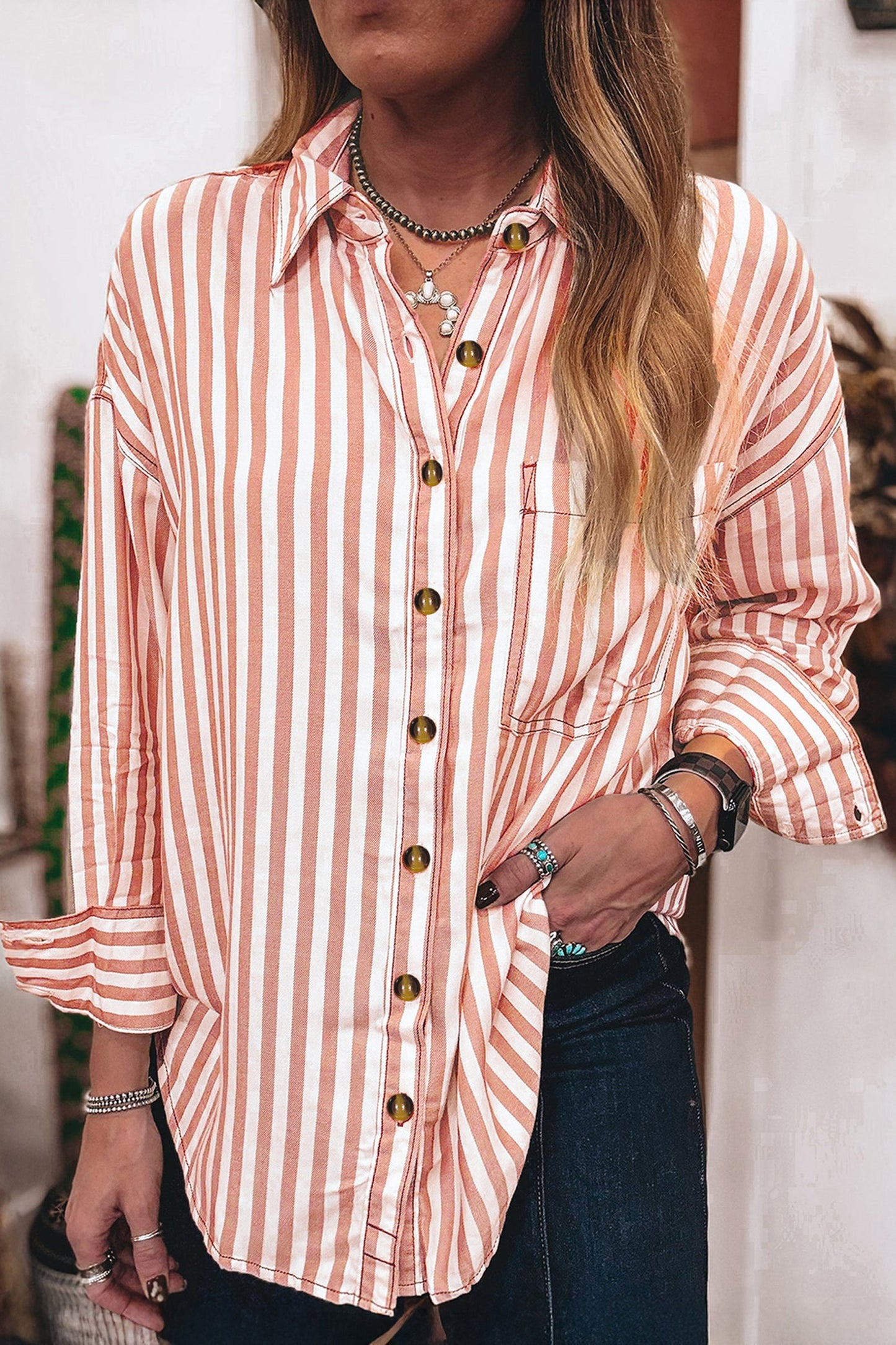 Western Stripe Button Down Long Sleeve Shirt
