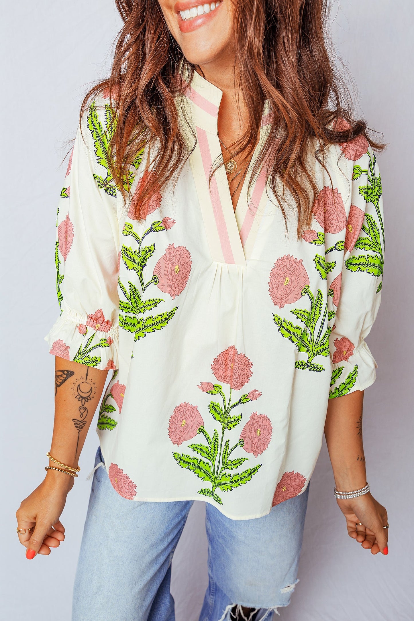 Wild Flower V-Neck 3/4 Sleeve Blouse