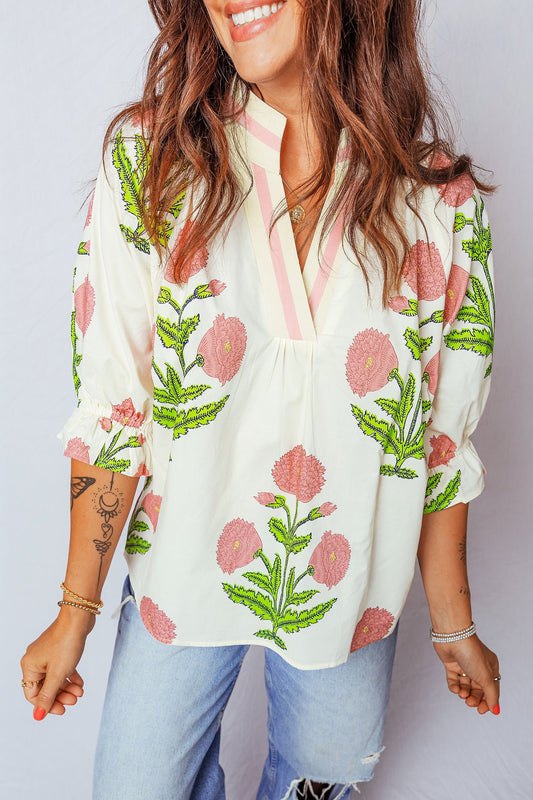 Wild Flower V-Neck 3/4 Sleeve Blouse