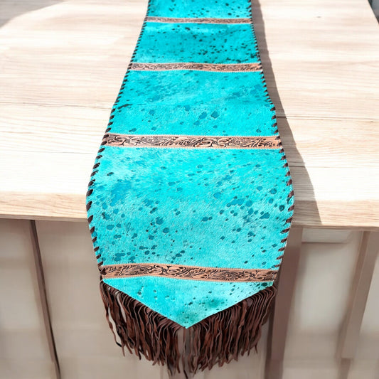 6ft turquoise acid wash cowhide table runner