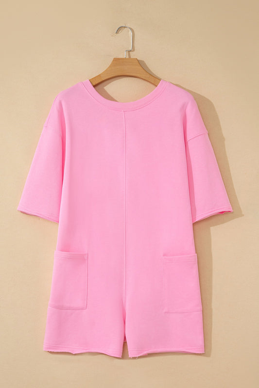 Solid Raw Edge Short Sleeve Pocketed Romper