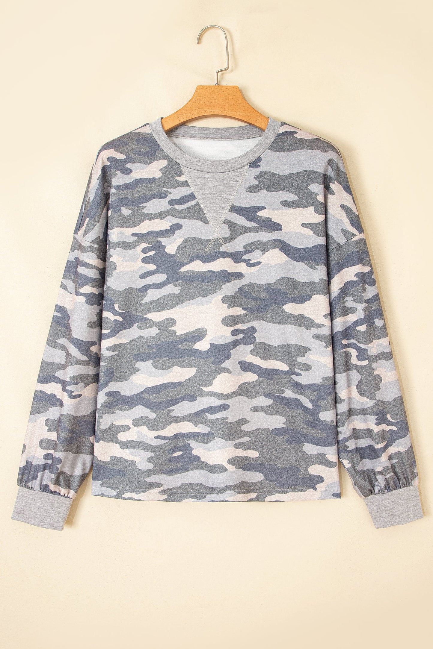 Camo Long Sleeve Round Neck Shift Pullover Top