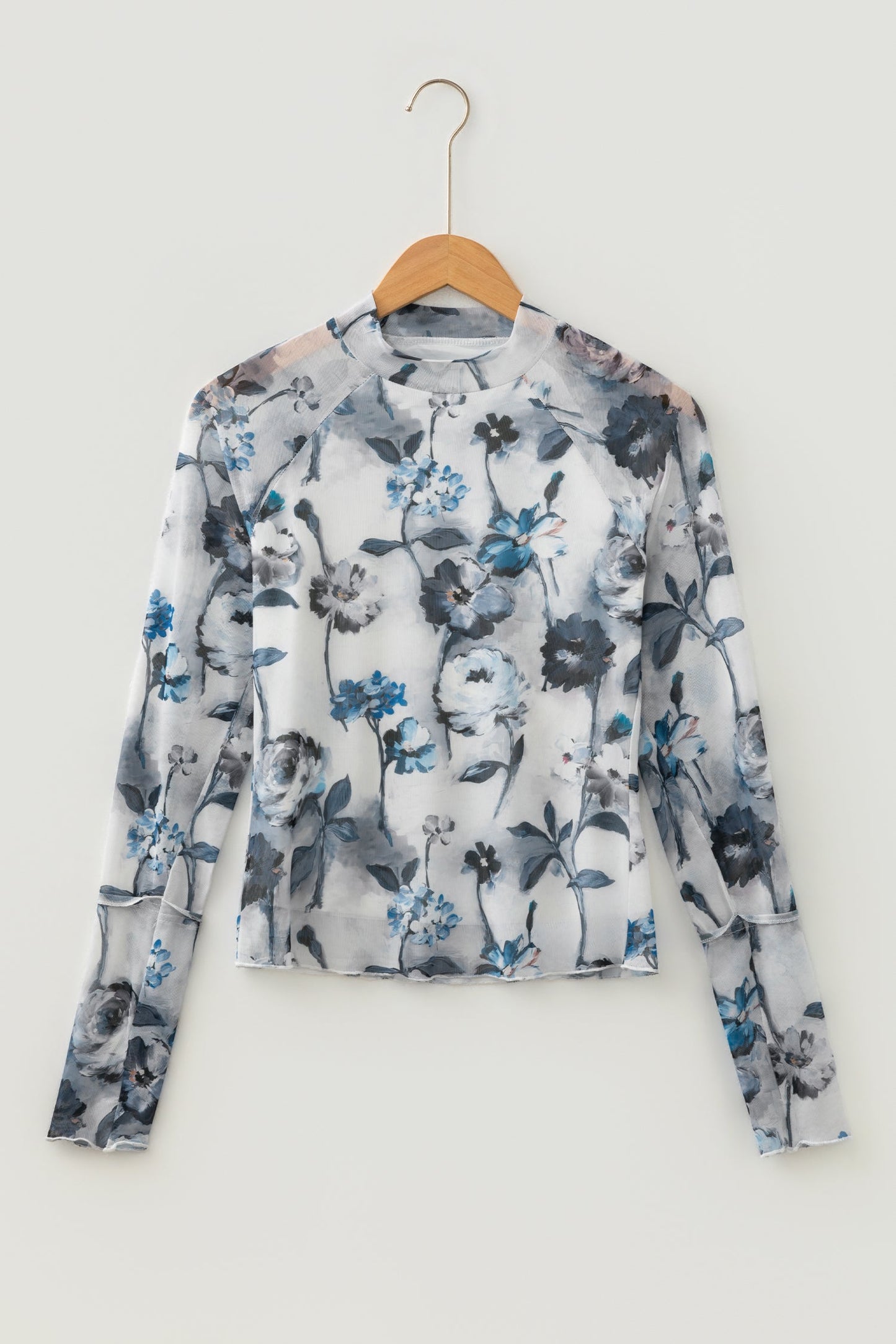 Floral Mesh High Neck Long Sleeve Sheath Top