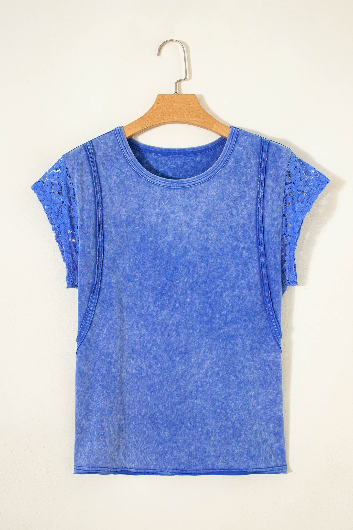 Solid Mineral Wash Raw Seam Lace Sleeve Tee