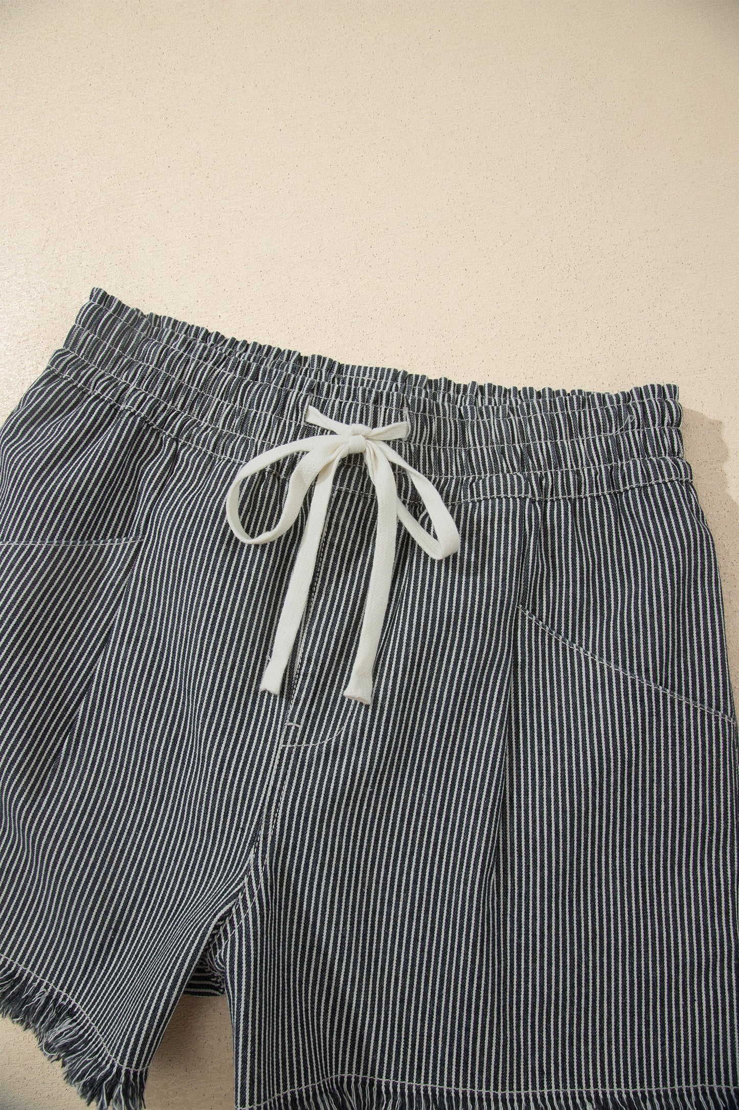 Stripe Denim Raw Edge Drawstring Waist Shorts