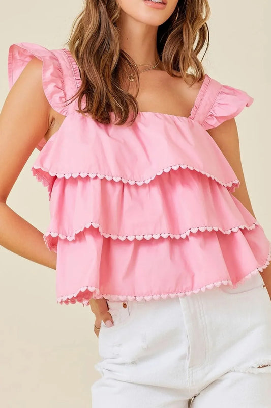 Tiered Heart Trim Square Neck Top