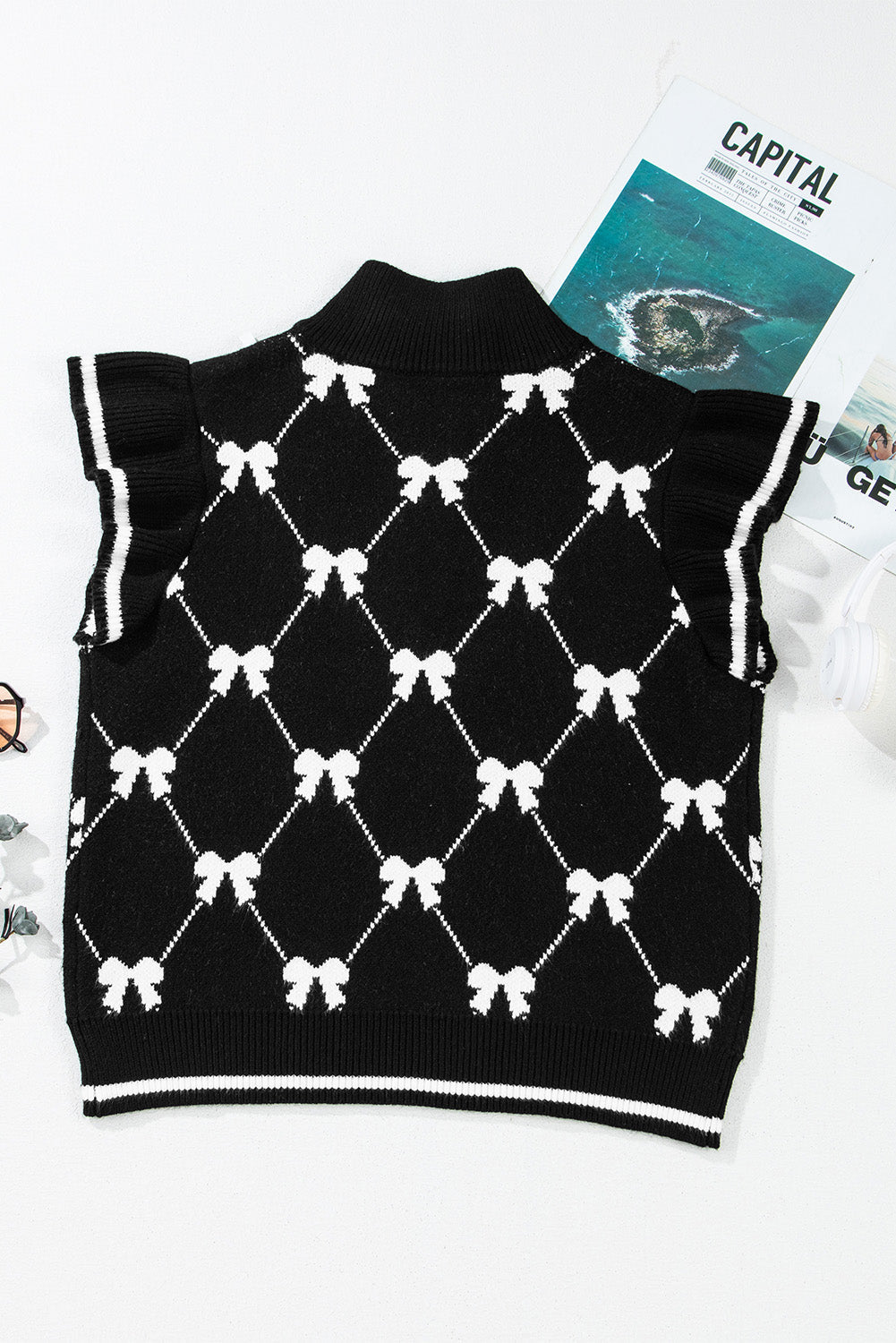 Bow Colorblock Quarter-Zip Collared Sweater