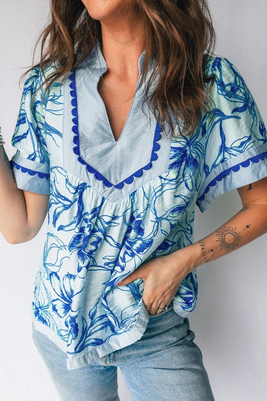 Floral Scalloped Ricrac Trim V-Neck Blouse
