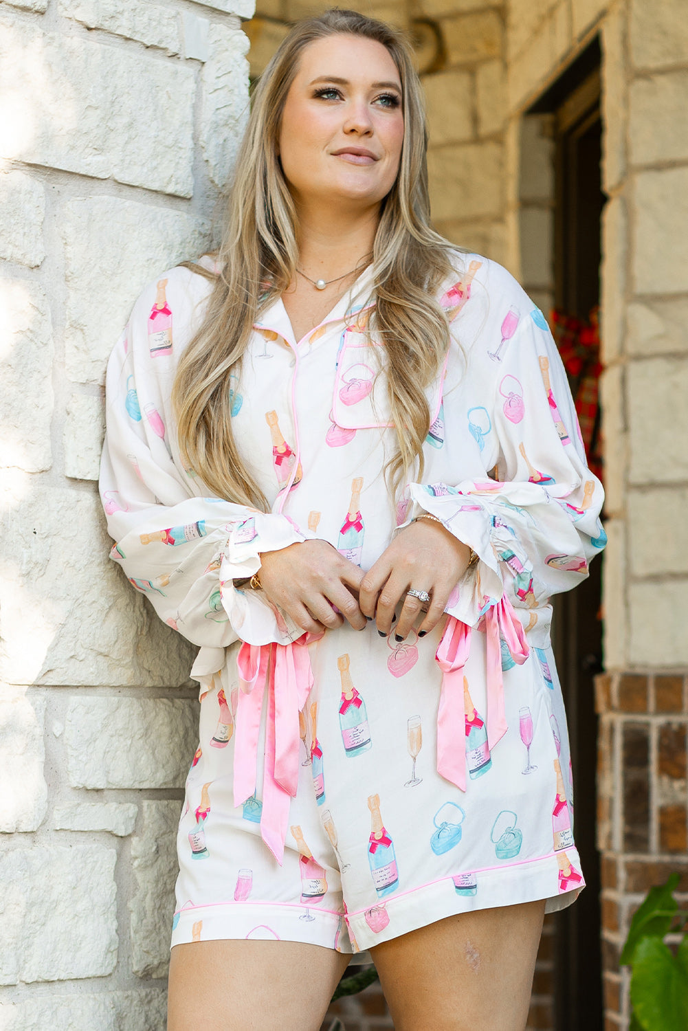 Plus Size Valentine Champagne Bow Tie Pajama Set