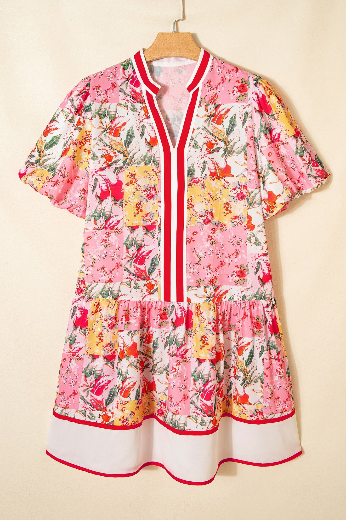 Floral Colorblock Trim V-Neck Ruffle Mini Dress