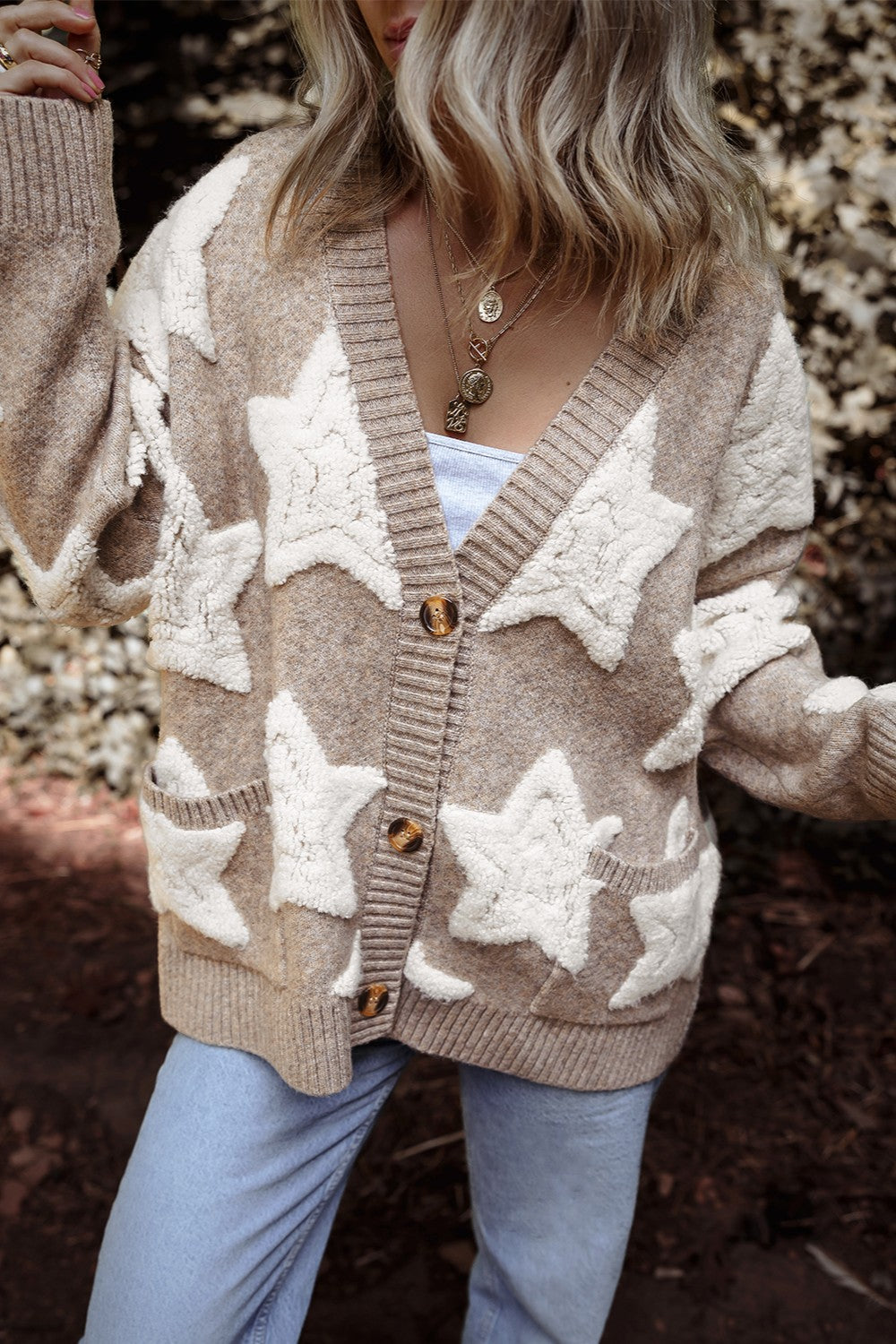 Women Star Button Up Long Sleeve Cardigan