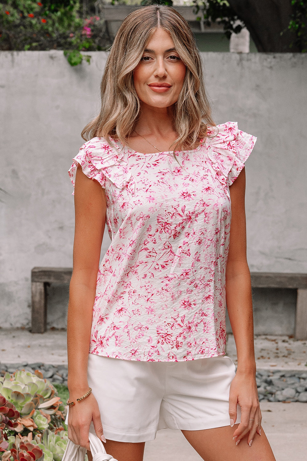 Floral Bow Back Ruffle Sleeve Blouse