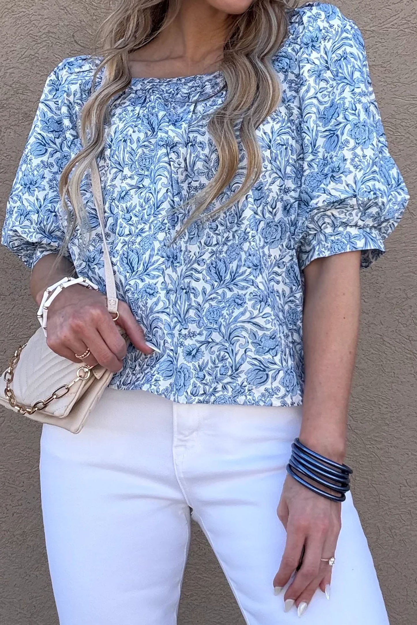 Floral Pleated Square Neck Puff Sleeve Blouse