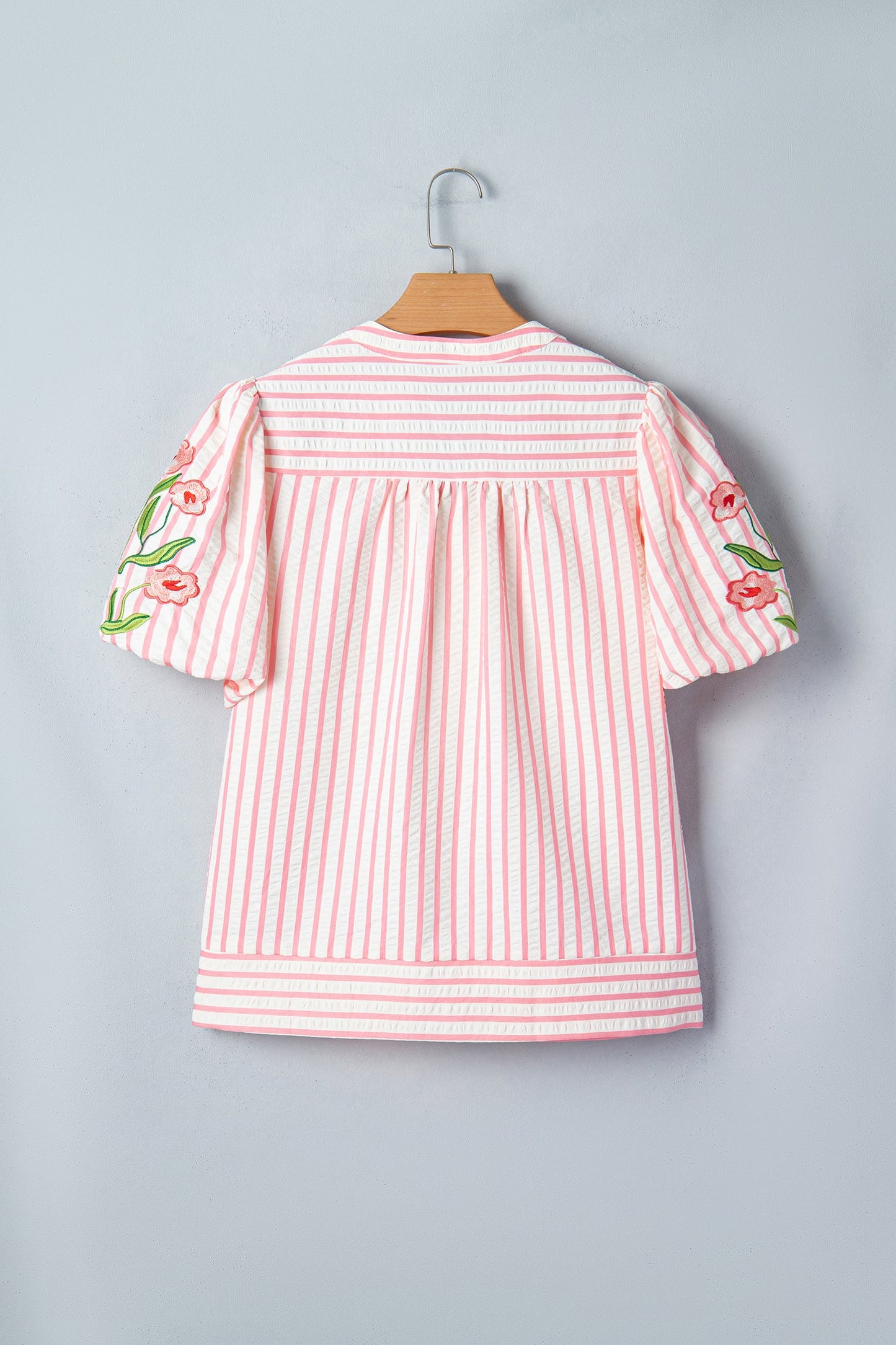 Floral Stripe Embroidered Puff Sleeve V-Neck Blouse